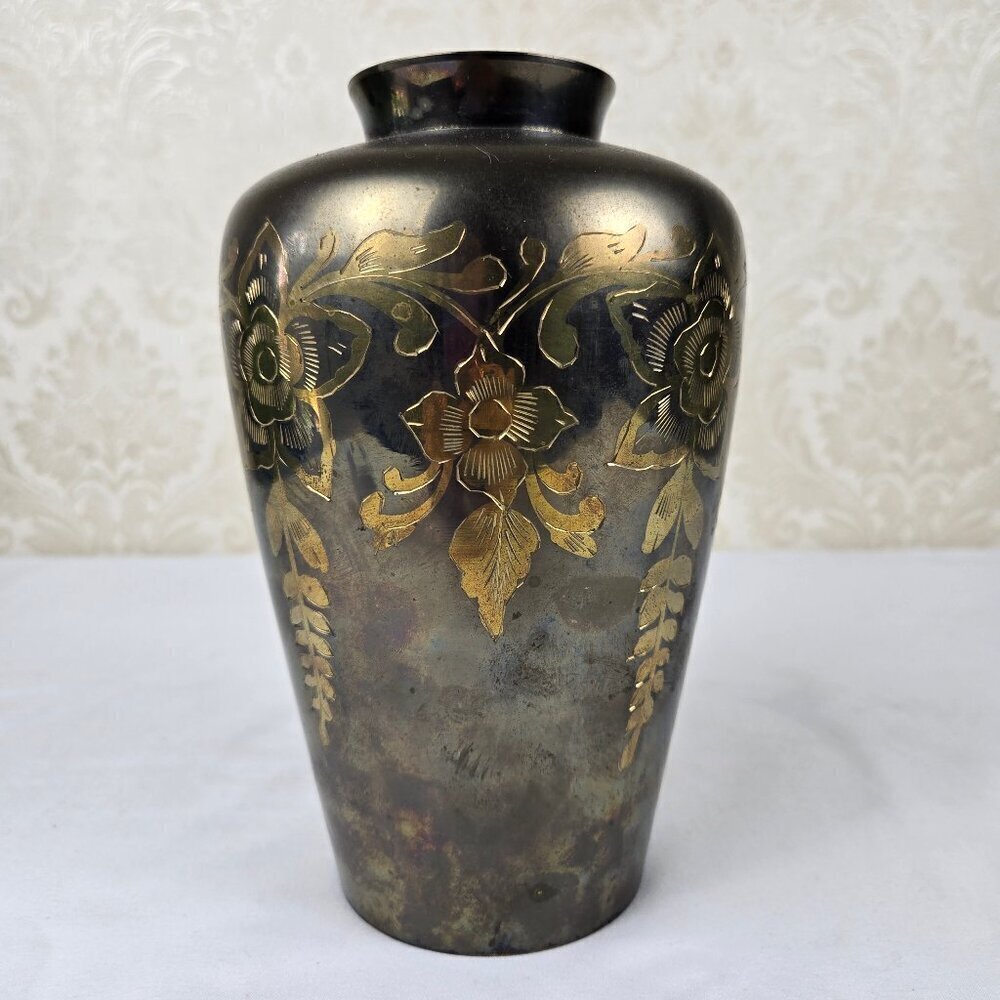Brass Etched Floral Vase Gold Flowers Vines Leaves Vintage Decor Decoration